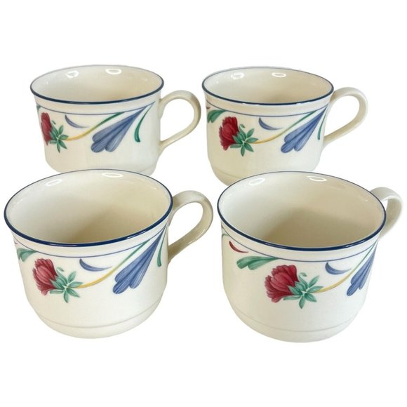 4 Lenox Chinastone Poppies on Blue Flat Cups Mugs Coffee Cup Set Vintage Lot USA - Picture 1 of 12